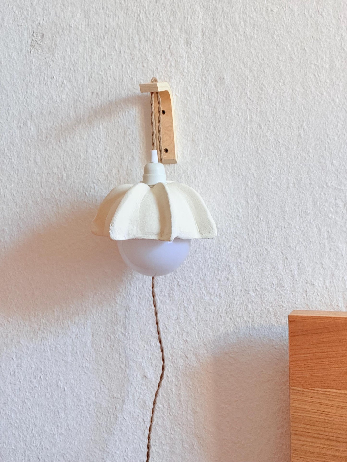 Hazu Plug in with switch, bulb and wall hanger | Japandi Handmade Lamp | Paper Clay |Wall Lamp | Sustainable | Wabi Sabi | Complete Set