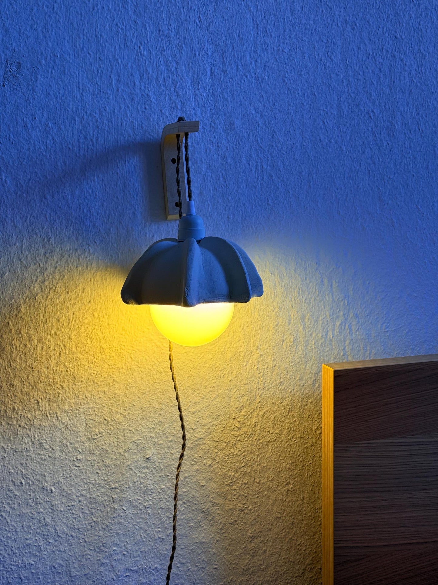 Hazu Plug in with switch, bulb and wall hanger | Japandi Handmade Lamp | Paper Clay |Wall Lamp | Sustainable | Wabi Sabi | Complete Set
